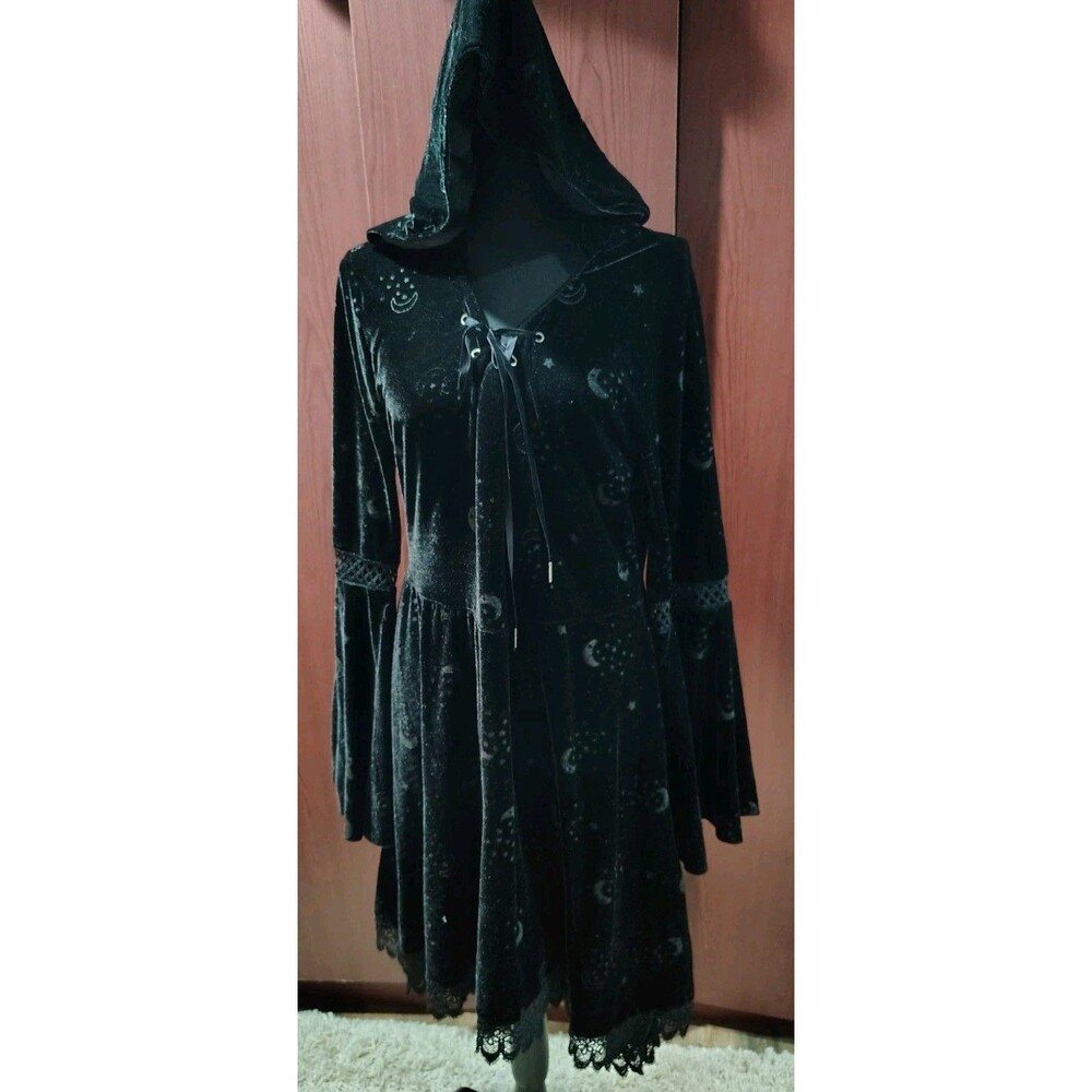 Adult CELESTIAL COVEN Hooded Dress WITCH COSTUME Black VELVET HI-LO Large GOTH - Picture 2 of 13